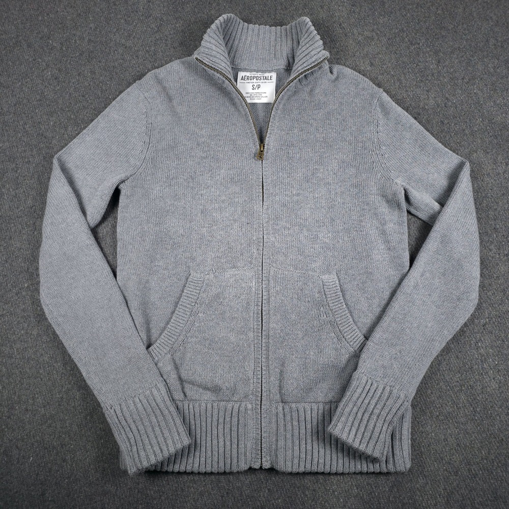 Aeropostale Cardigan Sweater Womens Small Gray Full Zip Mock‎ Neck Knit Y2K